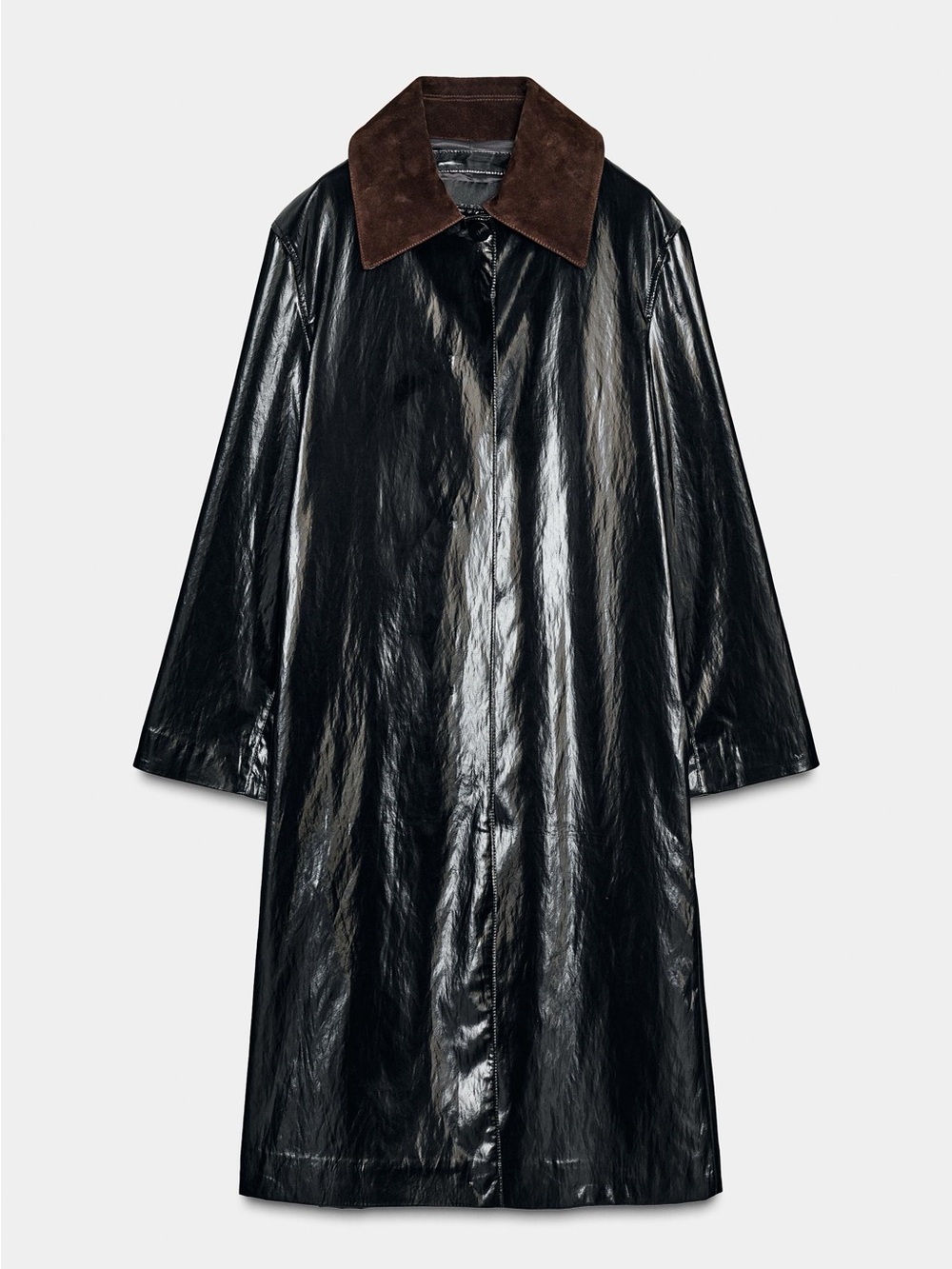 Zara Black Patent Long Trench Coat with Brown Collar